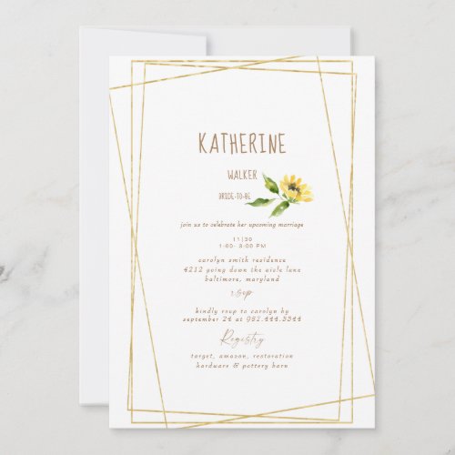  Watercolor Sunflower Stem Modern Bridal Shower Invitation