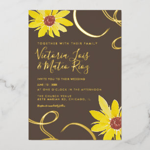 Watercolor Sunflower Swirl Wedding Pressed Foil In Invitation