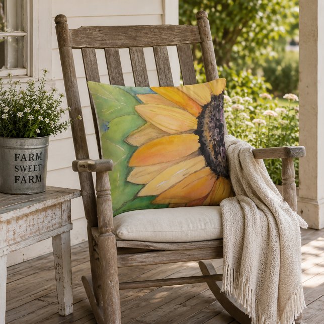 Watercolor Sunflower Throw Pillow (Rustic Sunflower Pillow)