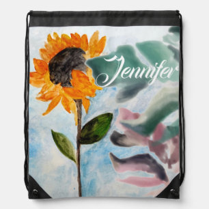 Watercolor Sunflower Tropical Botanical Painting Drawstring Bag