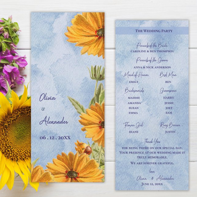 Watercolor Sunflower Wedding Ceremony Program (Watercolor Sunflower Wedding Program Card Summer Countryside Ceremony Program)