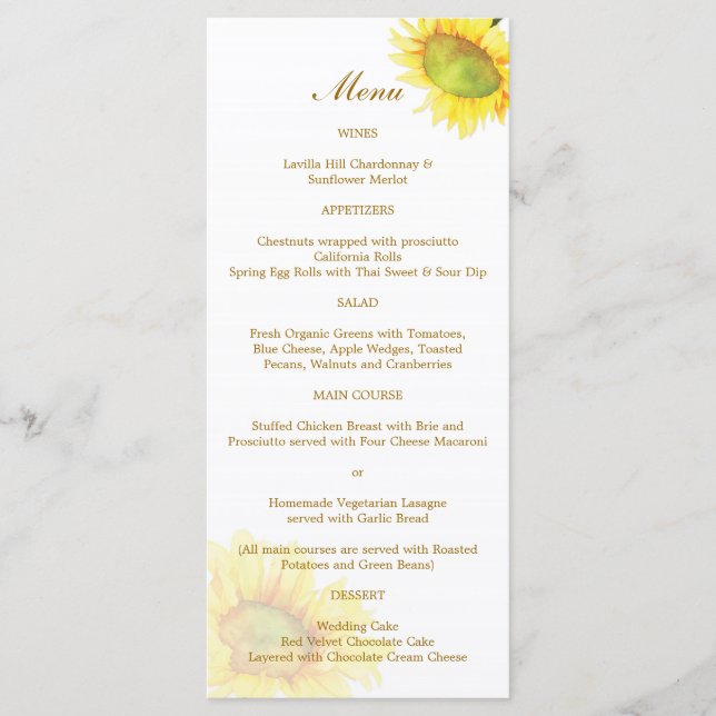 Watercolor Sunflower Wedding Menu (Front)