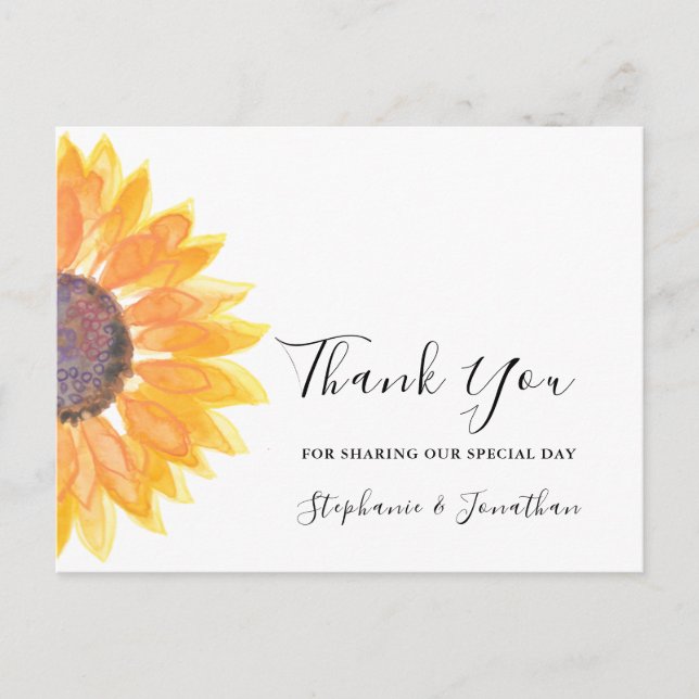 Watercolor Sunflower Wedding Thank You Postcard (Front)