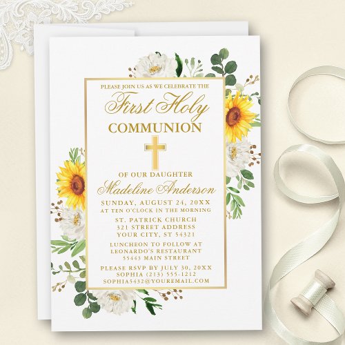 Watercolor Sunflower White Floral First Communion Invitation