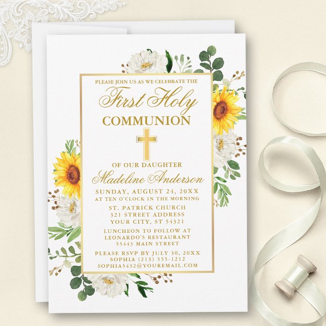Watercolor Sunflower White Floral First Communion Invitation (Customize to change text color, size, style or to add photos or more text to back of card.)