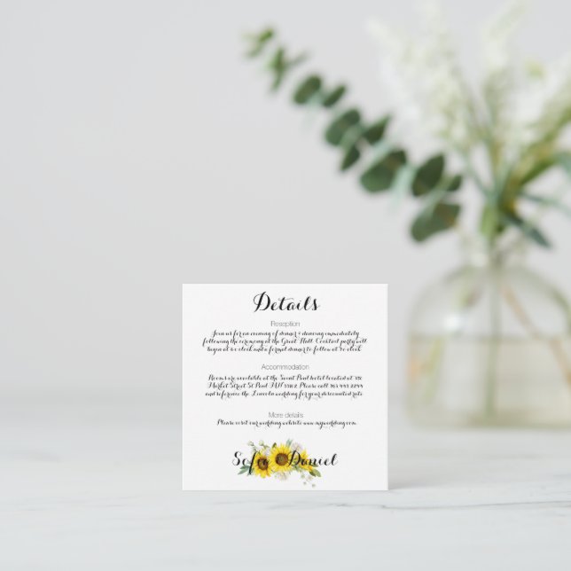 Watercolor sunflower white rose wedding  enclosure card (Standing Front)