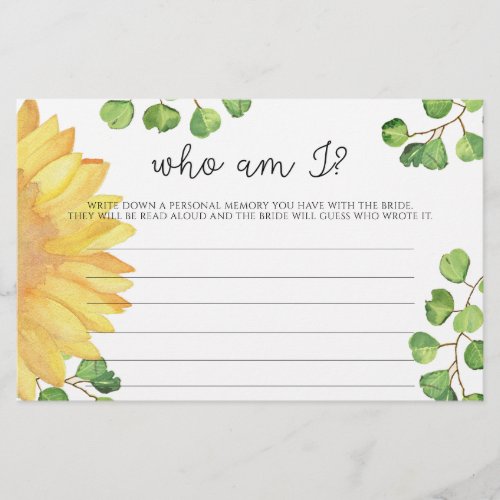 Watercolor sunflower Who am I bridal shower game Stationery