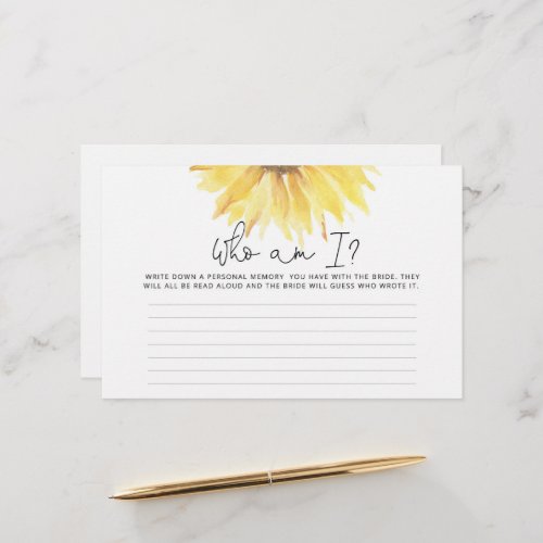 Watercolor sunflower Who am I bridal shower game Stationery