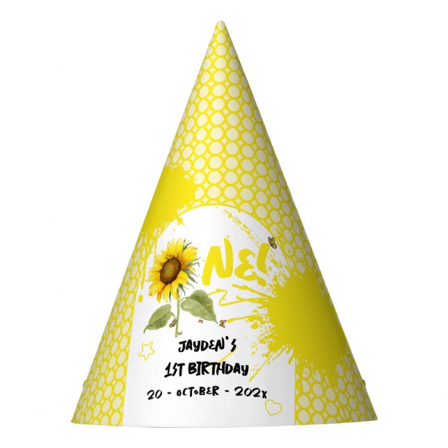 Watercolor Sunflower with Butterflies 1st Birthday Party Hat (Front)