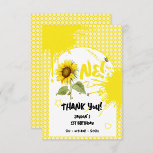 Watercolor Sunflower with Butterflies 1st Birthday Thank You Card