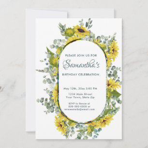 Watercolor Sunflower Wreath Birthday Party Invitation