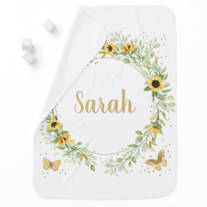 Watercolor Sunflower Wreath Personalized Name Baby Blanket