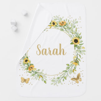 Watercolor Sunflower Wreath Personalized Name Baby Blanket