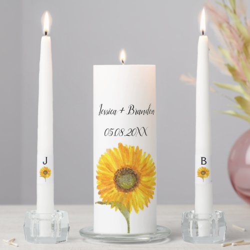 Watercolor Sunflower Yellow Rustic Floral Monogram Unity Candle Set