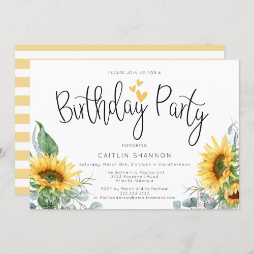 Watercolor Sunflower Yellow Stripes Birthday Party Invitation