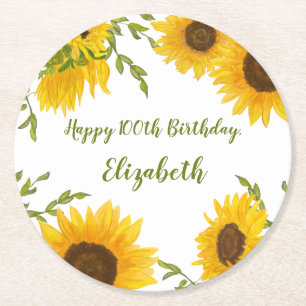 Watercolor Sunflowers 100th Birthday Coaster
