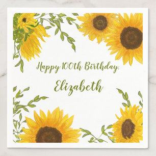 Watercolor Sunflowers 100th Birthday Napkins