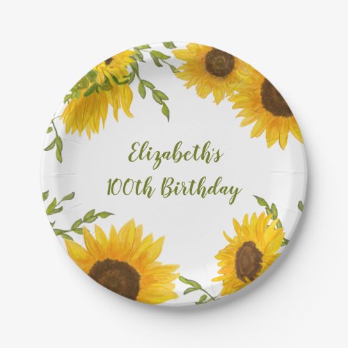 Watercolor Sunflowers 100th Birthday Paper Plates