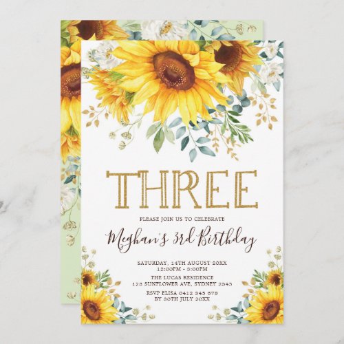 Watercolor Sunflowers 3rd Birthday Summer Floral Invitation