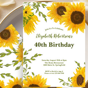 Watercolor Sunflowers 40th Birthday Invitation