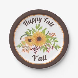 Watercolor sunflowers and berries Happy fall Y'all Paper Plates