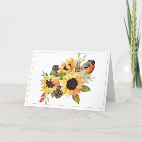 Watercolor Sunflowers and Bird Thanksgiving Card