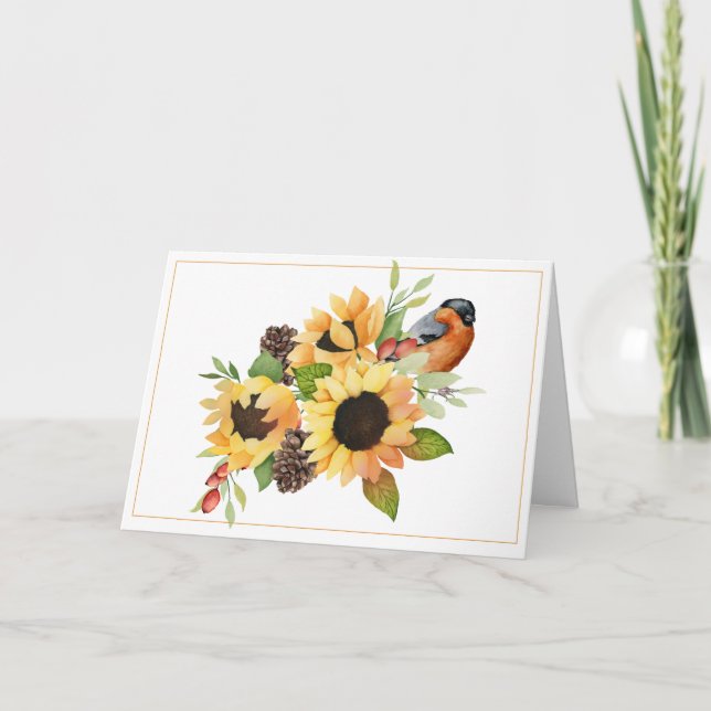 Watercolor Sunflowers and Bird Thanksgiving Card (Front)
