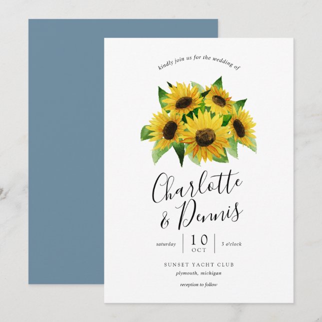 watercolor sunflowers and blush blue wedding invitation (Front/Back)