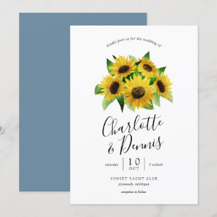 watercolor sunflowers and blush blue wedding invitation