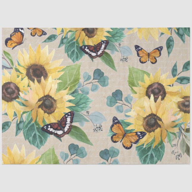 Watercolor Sunflowers and Butterflies Decoupage Tissue Paper (Front)