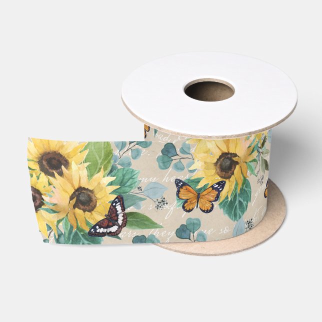 Watercolor Sunflowers and Butterflies on Parchment Satin Ribbon (Spool)