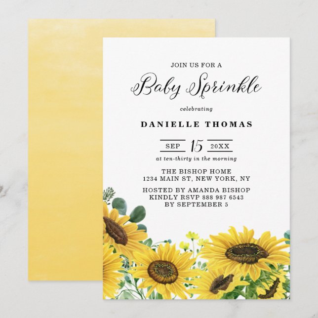 Watercolor Sunflowers and Eucalyptus Baby Sprinkle Invitation (Front/Back)