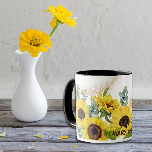 Watercolor Sunflowers and Eucalyptus Leaves Mug