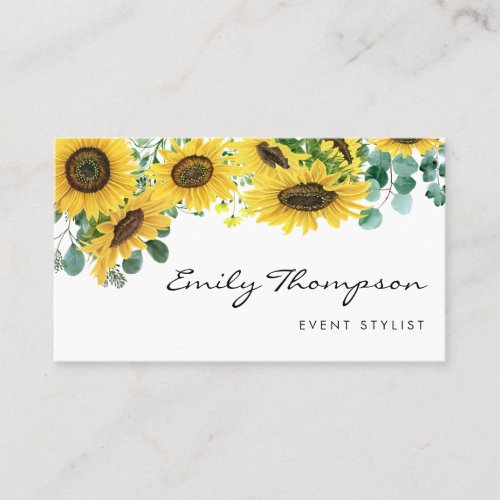 Watercolor Sunflowers and Eucalyptus Leaves Script Business Card