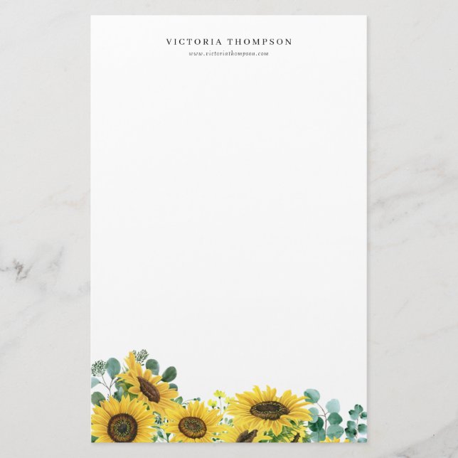 Watercolor Sunflowers and Eucalyptus Personalized Stationery (Front)