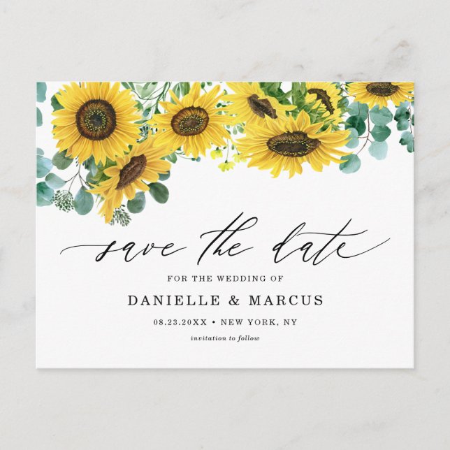 Watercolor Sunflowers and Eucalyptus Save the Date Postcard (Front)