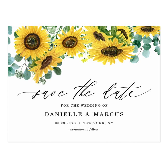 Watercolor Sunflowers and Eucalyptus Save the Date Postcard