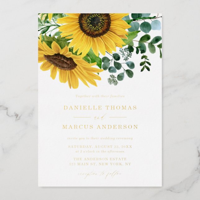 Watercolor Sunflowers and Eucalyptus Wedding Foil Invitation (Front)
