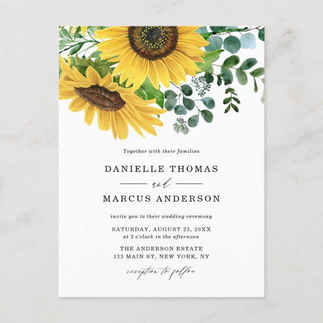 Watercolor Sunflowers and Eucalyptus Wedding Invitation Postcard (Front)