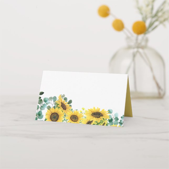 Watercolor Sunflowers and Eucalyptus Wedding Place Card (Front)