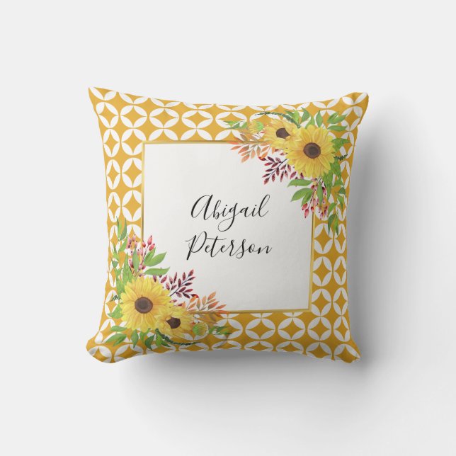 Watercolor sunflowers and geometric pattern throw pillow (Front)