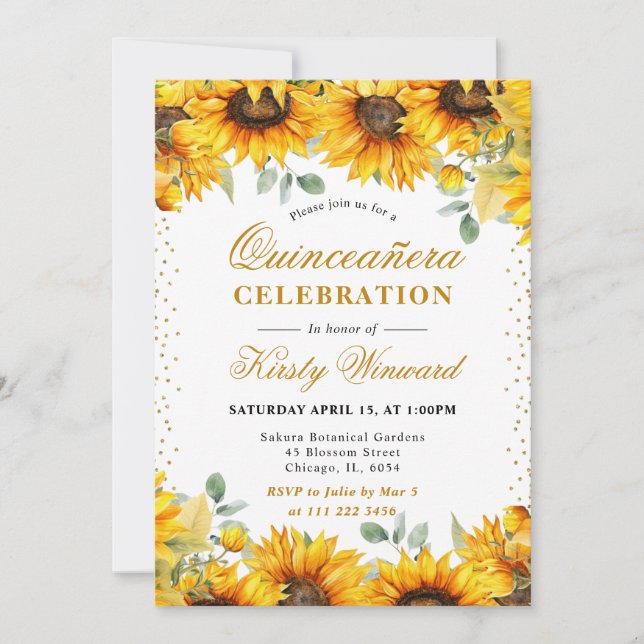 Watercolor Sunflowers and Gold Glitter Quinceanera Invitation (Front)