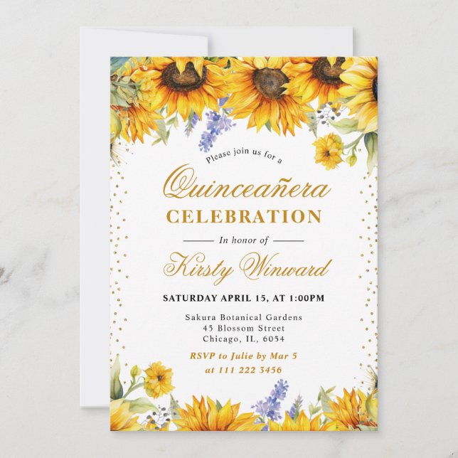 Watercolor Sunflowers and Gold Glitter Quinceanera Invitation (Front)