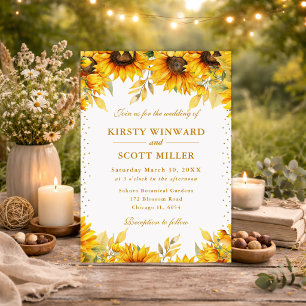 Watercolor Sunflowers and Gold Glitter Wedding Invitation
