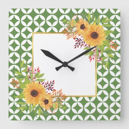 Watercolor sunflowers and green geometric pattern square wall clock