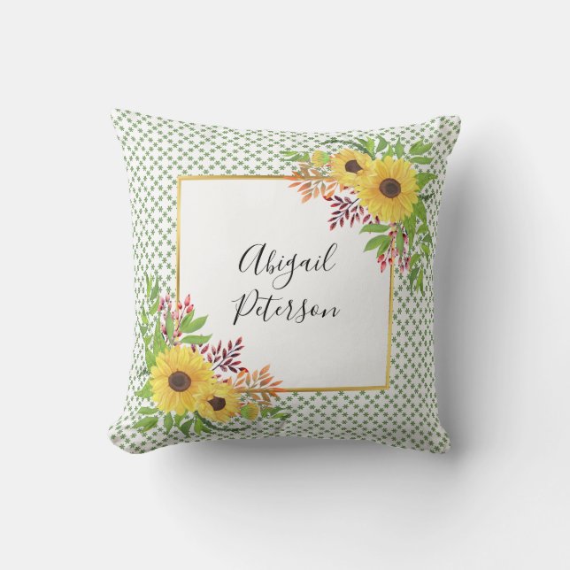 Watercolor sunflowers and green geometric pattern throw pillow (Front)
