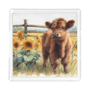 Watercolor Sunflowers and Highland Calf Acrylic Tray