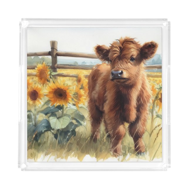 Watercolor Sunflowers and Highland Calf Acrylic Tray (Front)