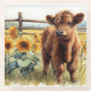 Watercolor Sunflowers and Highland Calf Glass Coaster