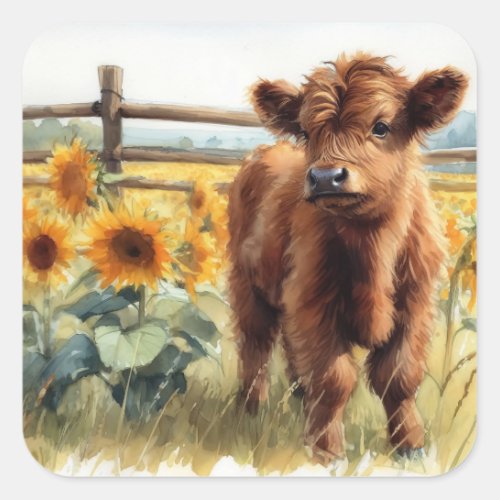 Watercolor Sunflowers and Highland Calf Square Sticker
